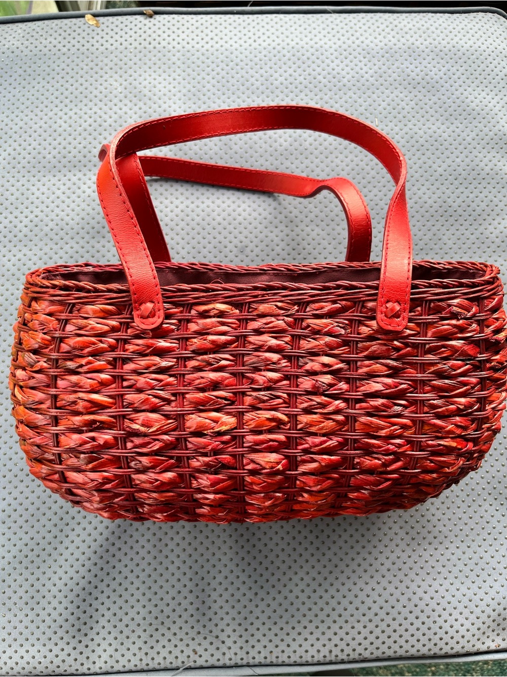 Red Woven Tote Bag with Leather Handles